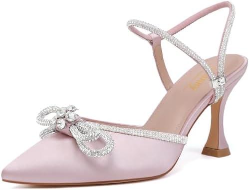 Susanny Women's Closed Toe Rhinstone Wedding Low Heel Slingback Clear Kitten Heels,Adjustable Strap Pointed Toe Bow Pumps High Heeled Prom Dress Shoes 6.5