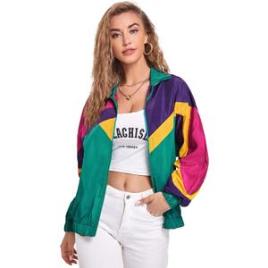 Verdusa Women's Colorblock Zip Up Long Sleeve Collar Windbreaker Jacket Coat (Green, M)
