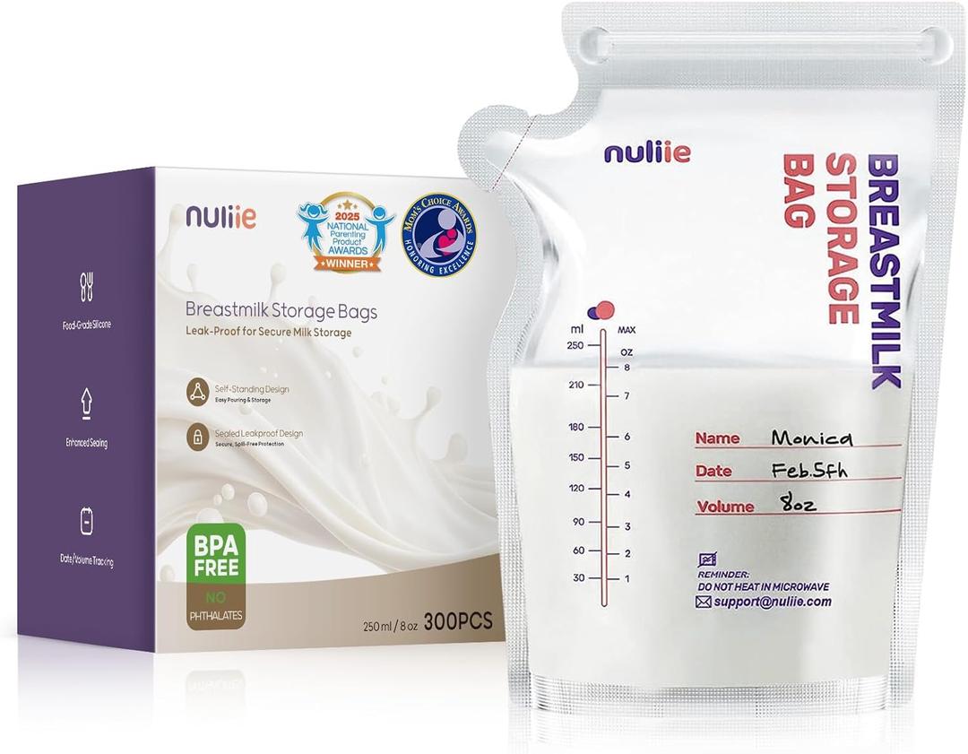 Nuliie 300 Pcs Breastmilk Storage Bags Freezer, 8 OZ Breast Milk Storing Bags, BPA-Free, Milk Storage Bags with Pour Spout for Breastfeeding, Self-Standing Bag, Space Saving Flat Profile