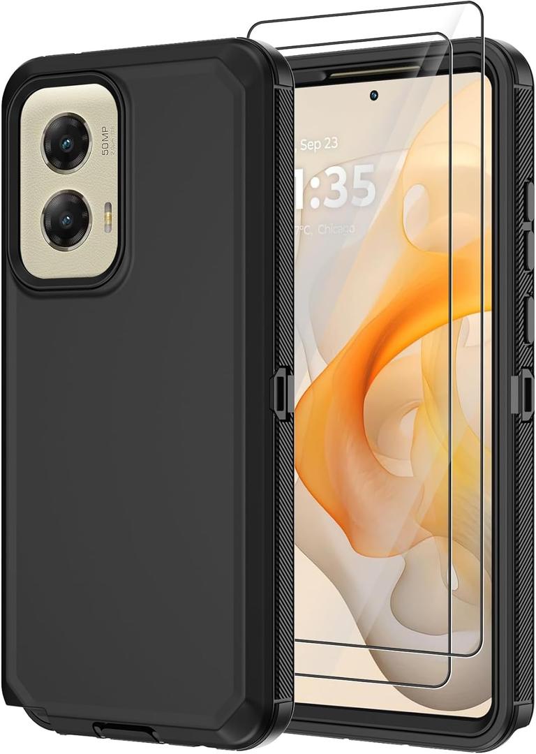 Annymall for Motorola Moto G Stylus 5G 2024 Case with 2 Screen Protector, Full Body Shockproof Drop Protection Dustproof Heavy Duty 3-Layer Military Rugged Durable Defender Cover (Black)