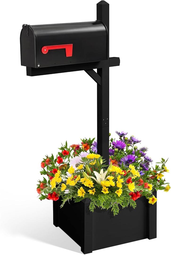 Colingmill 55'' Wooden Mailbox Post with Planter Box and Black Mail Box, Black Decorative Outside Mailbox Post for Yard, Garden, Curbside