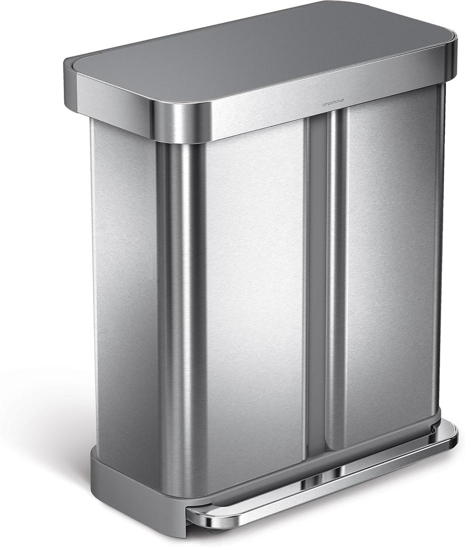 simplehuman 58 Liter / 15.3 Gallon Rectangular Dual Compartment Recycling Step, Brushed Stainless Steel with Soft-Close Plastic Lid Kitchen Trash Can (Gray Plastic Lid)