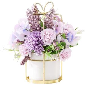 Artificial Flowers in Vase Silk Flowers,Pink Peony Artificial Flowers,Bathroom Decorations,Ceramic Flower Pot Metal Frame Decoration Wedding Table Decoration Birthday Table Decorations (Purple, 8")