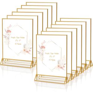 Gold Frames 5 x 7 Acrylic Sign Holder Double Sided Wedding Table Number Holder Clear Plastic Gold Picture Frames Flyer Holder for Table Menu Photo Display-12 Packs