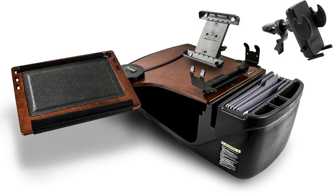 AutoExec Reach Desk Front Seat Car Desk and Portable Workstation with Printer Stand, Tablet Mount and Phone Vent Clip, Mahogany
