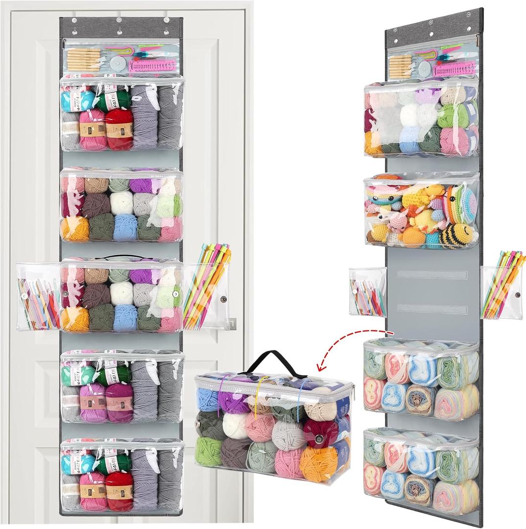 Katech Hanging Yarn Storage Organizer, Over The Door Storage w/Large Capacity Knitting Bag, Yarn Organizers with 6 Zipper Closure Compartments & Detachable Crochet Bag for Yarns Enthusiasts