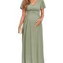 AISWI 2025 Women's Maternity Maxi Dress Ruffle Sleeve Wrap V Neck Pregnancy Dresses with Pockets Baby Shower Photoshoot Formal, Sage Green, Medium