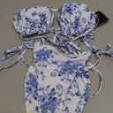 ZAFUL Women 2 Piece Strapless Bikini Swimsuits Ruffle Ribbed Self Tie Bandeau Bikini Set High Cut String Bathing Suits (Medium, 2-blue Floral)