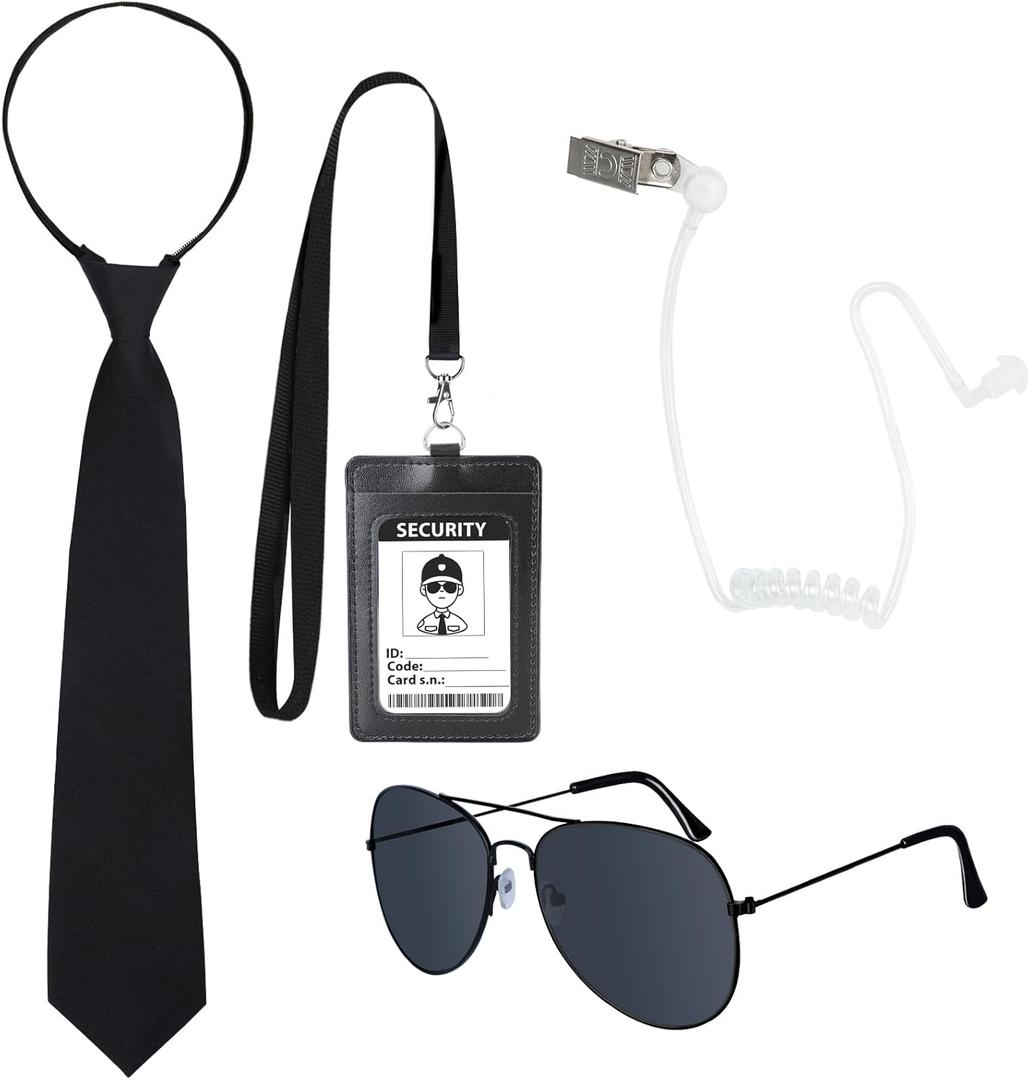 4PCS Secret Agent Accessories, Secret Service Costume Set with Adjustable Zipper Ties Sunglasses Fake Earpiece ID Card for Adult Kids Halloween Cosplay