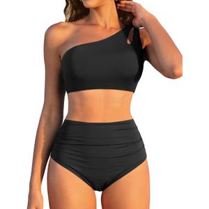 Women High Waisted Bikini - One Shoulder Bathing Suit Tummy Control Two Piece Swimsuit 2025 (Medium, Black)