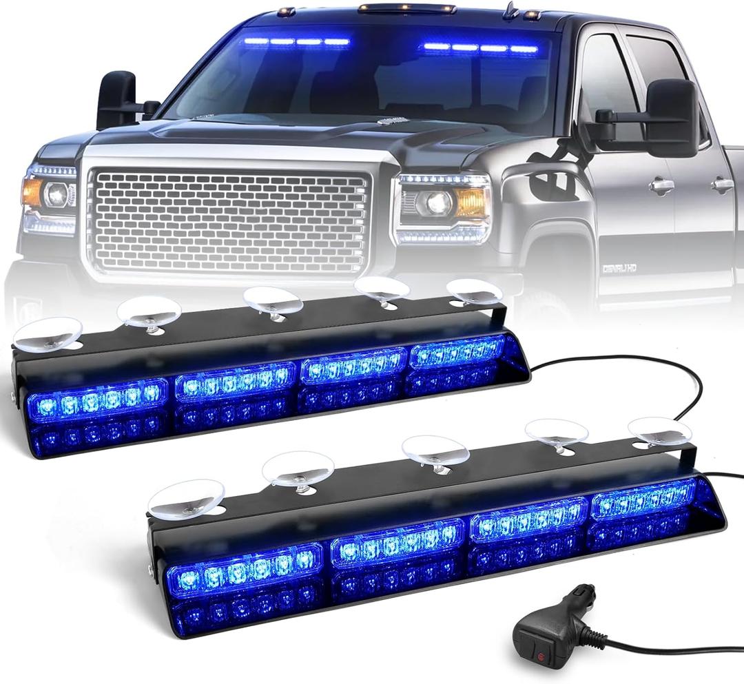HLauto 6Z4J Emergency Dash Strobe Lights: 2x16.8 inch Blue Safety Lights, 48 LED Flashing Warning Hazard Interior Windshield Visor Traffic Light Bar for Trucks, Construction Vehicles