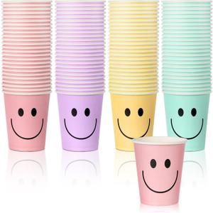 Layhit 100 Pcs 9 oz Smile Face Drink Cups Pastel Paper Cups Disposable Pastel Cups Cute Happy Pastel Birthday Party Decorations for Girls Birthday Decorations Bachelorette Party Cool Drinkware