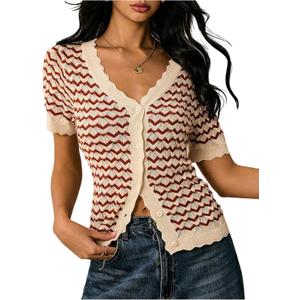 SweatyRocks Women's V Neck Striped Button Down Cardigan Casual Short Sleeve Crochet Sweater (S)