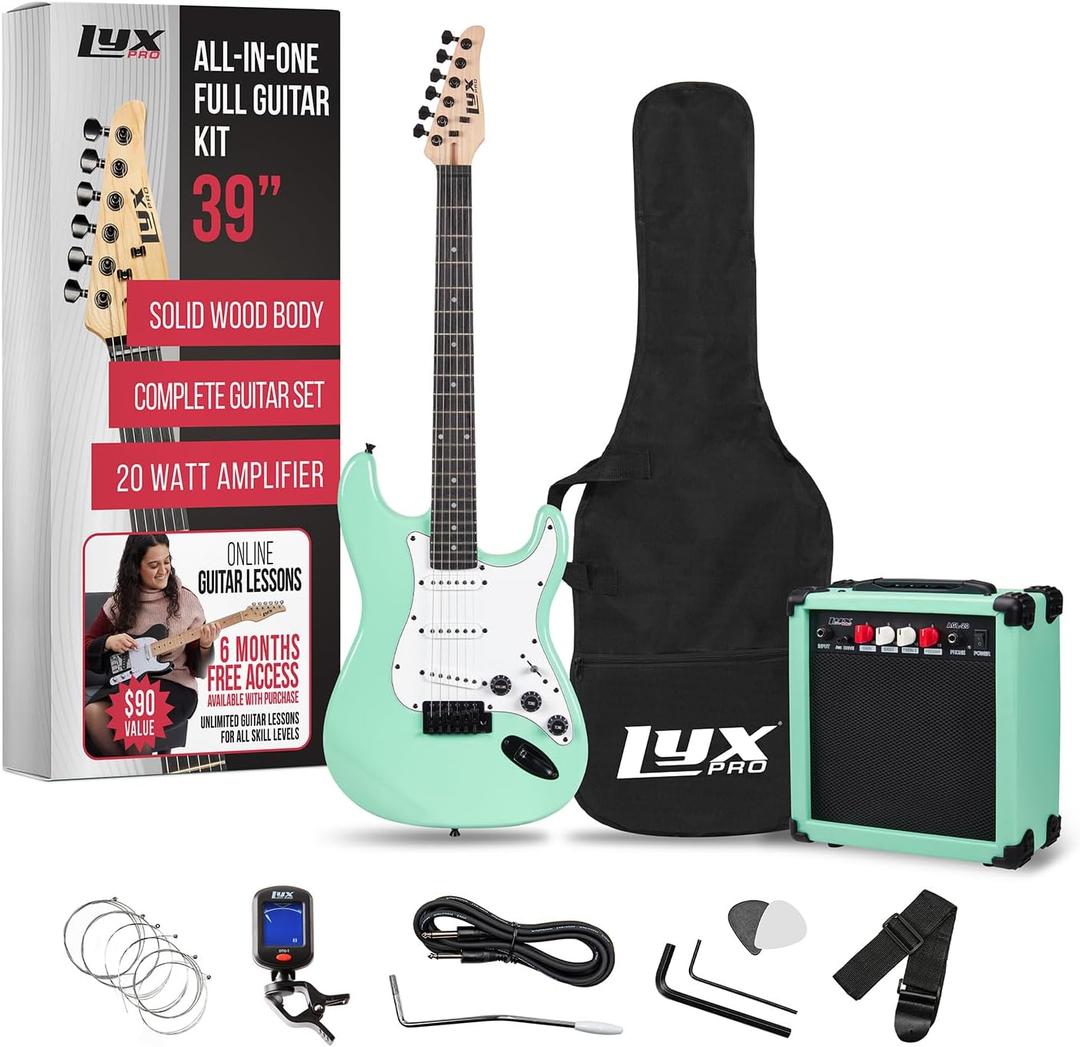 LyxPro 39 inch Electric Guitar Kit Bundle with 20w Amplifier, All Accessories, Digital Clip On Tuner, Six Strings, Two Picks, Tremolo Bar, Shoulder Strap, Case Bag Starter kit Full Size - Green (39" Right Handed) LyxPro 39 inch Electric Guitar Kit Bundle with 20w Amplifier, All Accessories, Digital Clip On Tuner, Six Strings, Two Picks, Tremolo Bar, Shoulder Strap, Case Bag Starter kit Full Size - Green (39" Right Handed)