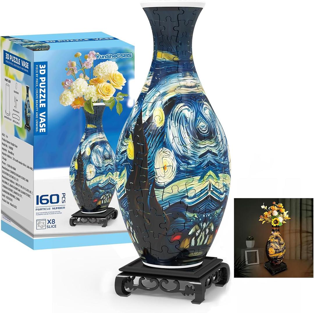3D Puzzles Vase for Adults, Crafts for Adults, 160 Pieces Plastic DIY Unique Flower Vase with LED Light House Warming Gift Birthday Gifts for Flower Arrangements and Home Decor (Blue)
