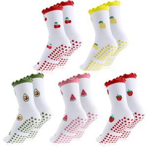 Mepase 5 Pairs Cute Pilates Socks with Grips for Women Fruit Non Slip Yoga Socks Lettuce Edge Novelty Funky Cool Frilly Strawberry Cherry (White)