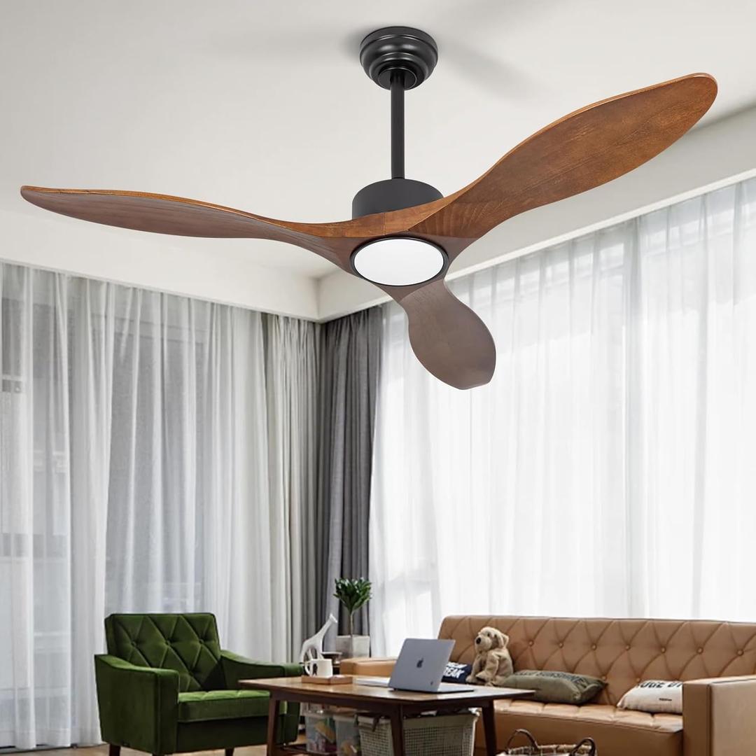 52 Inch Brown Wood Ceiling Fan with Light and Remote, 6 Speed and Reversible DC Motor, 3 Blade Low Profile Flush Mount Modern Wood Ceiling Fans for Living Room Bedroom Outdoor Patio