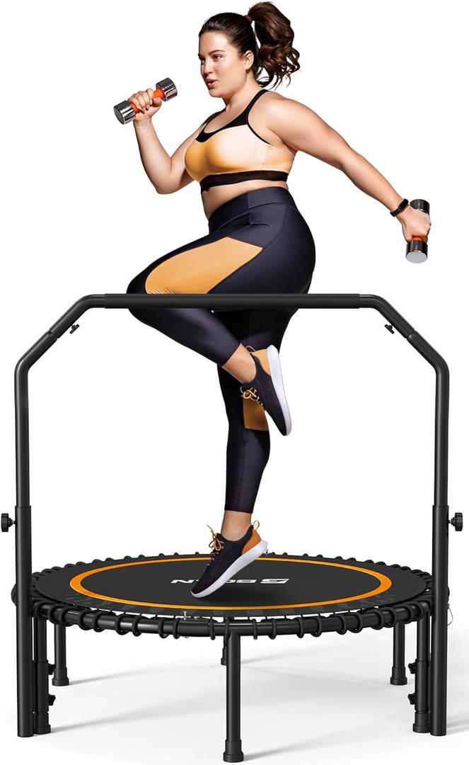 BCAN BT2 450/550LBS Mini Rebounder Trampoline for Adults with Bar, Fitness Trampoline with Bungees, Adjustable Handle, Stable & Quiet, Indoor Outdoor, Whole-Body Workout & Relaxation at Home-40IN/48IN