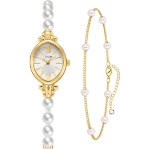 CARLIEN Women's Petite Vintage Gold Tone Pearls Bracelet Quartz Watch Elegant Dainty Oval Dial Alloy Strap Stylish Casual Dress Analog Wristwatch Waterproof