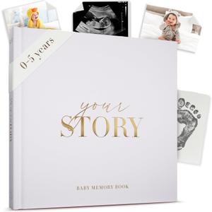 Baby Memory Book & Keepsake Journal for Boys or Girls | Baby Book from Birth to Age 5 | Gold Foil Hardcover, Photo Spaces & Milestones | Unisex Baby Scrapbook (Gray)