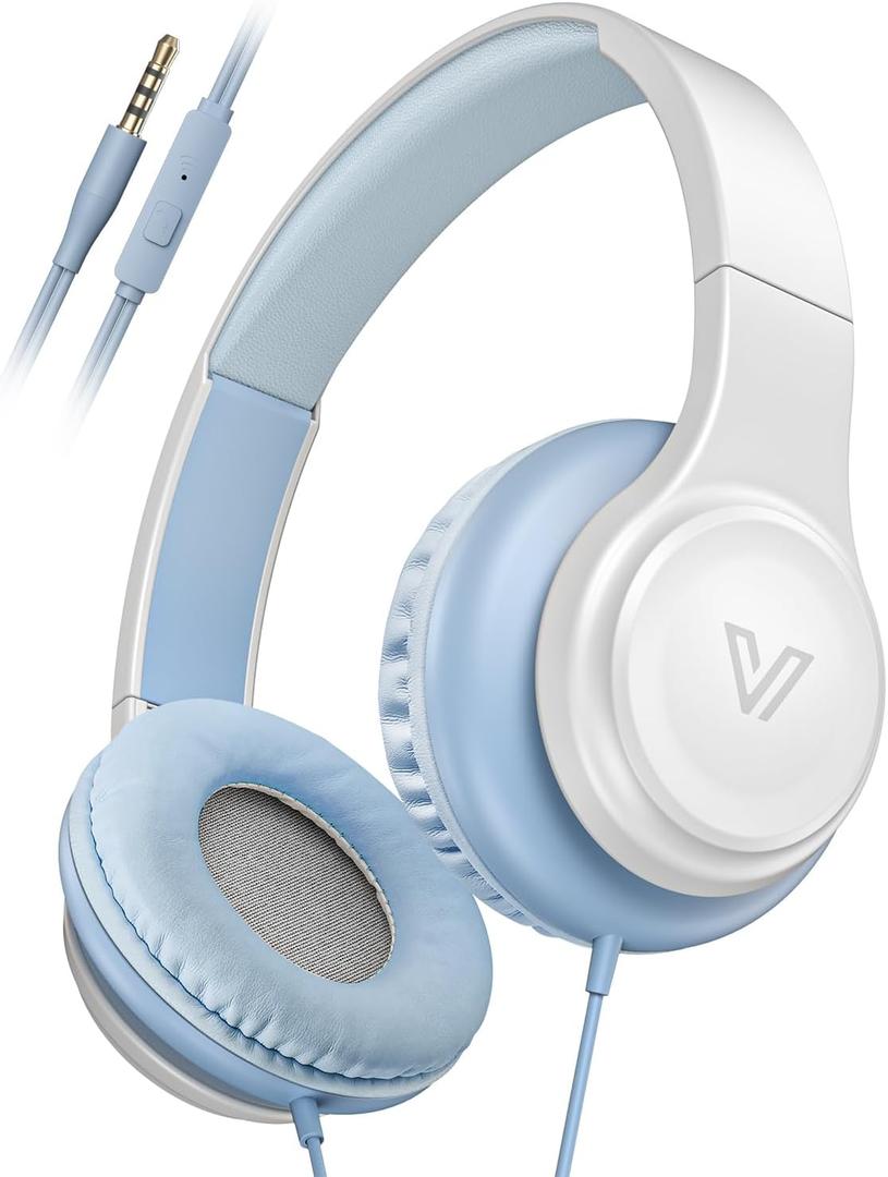 GE01 On-Ear Headphones w/Mic, Portable Lightweight Folding Stereo Bass Headphones for Smartphone, Tablet, Computer - Kids School, Blue
