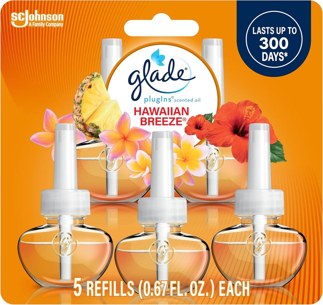 Glade PlugIns Refills Air Freshener, Scented and Essential Oils for Home and Bathroom, Hawaiian Breeze, 3.35 Fl Oz, 5 Count