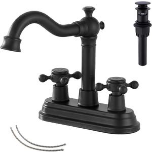 Bathroom Faucet Matte Black GGStudy 2 Handles 4 Inches Centerset Bathroom Vanity with Drain Assembly and Supply Hose Lavatory Faucet Mixer Double Handle Tap