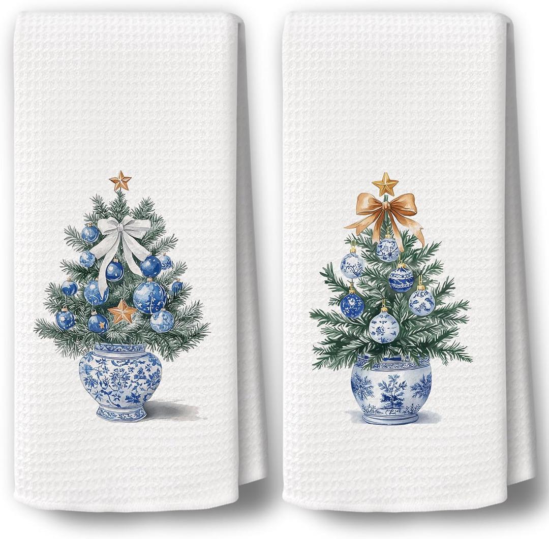 Chinoiserie Christmas Kitchen Towels Decor Set of 2 - Blue Christmas Tree Holiday Hand Tea Towels, Grandmillenial Xmas Gifts Dish Towel Dishcloths Decorations for Kitchen Home, 16"x24"