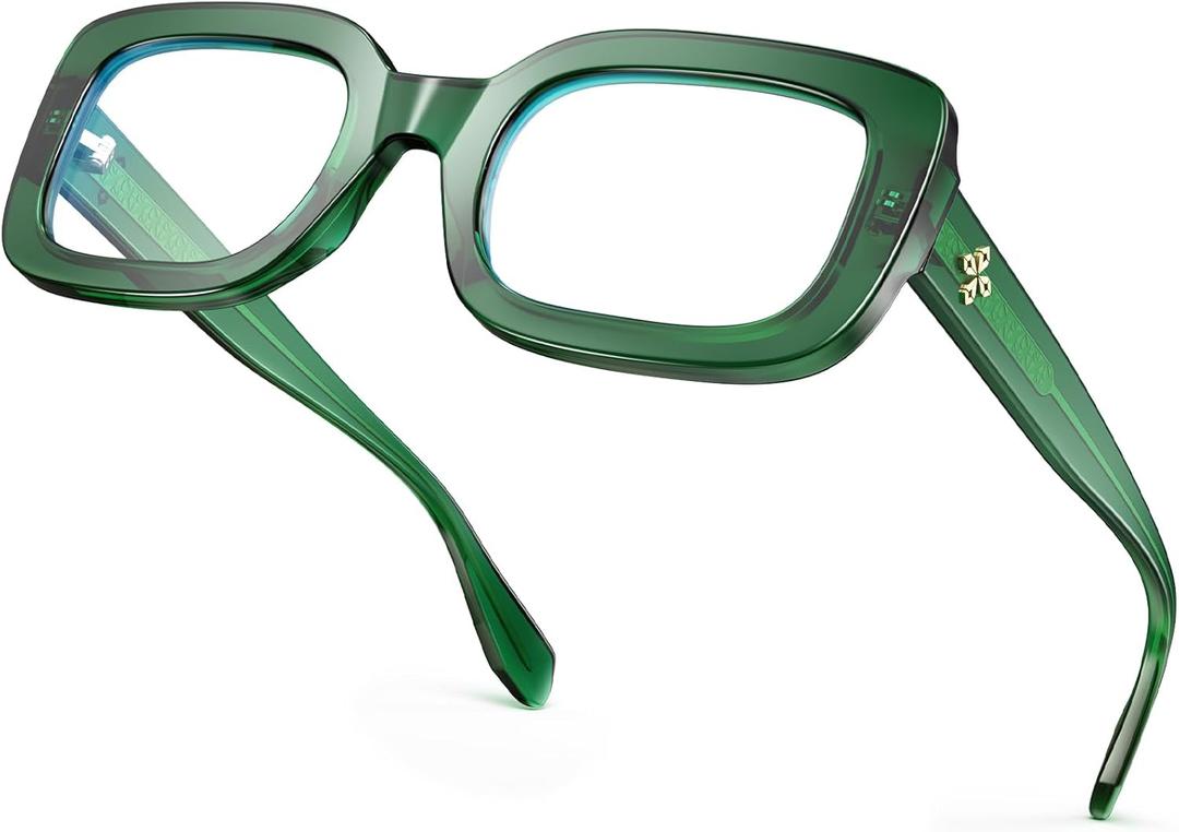 VISOONE Rectangle Blue Light Blocking Glasses Thick Square Frame Computer Glasses Vintage Women Men Harmony (Basil Green)