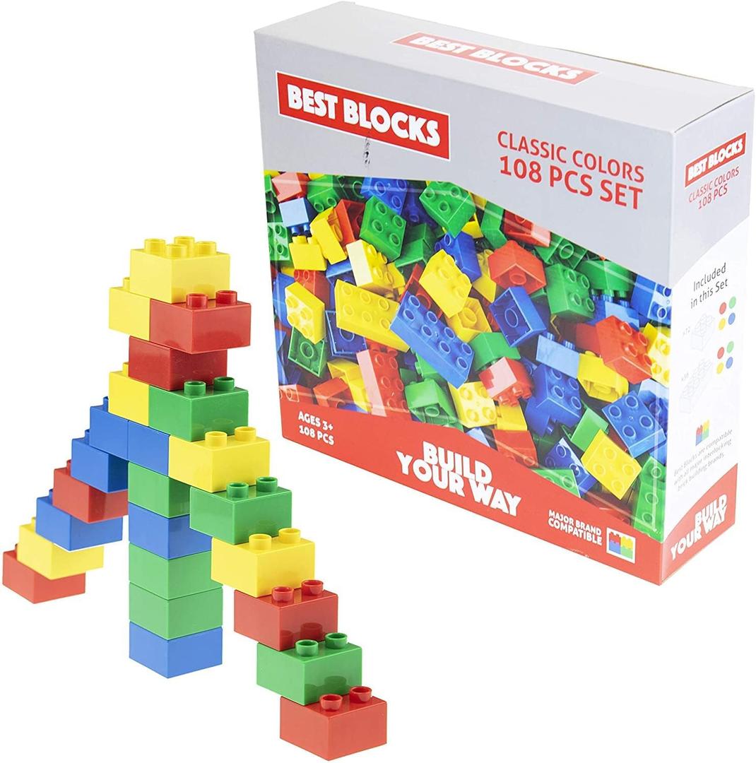 Big Blocks Set, Large Building Blocks for Ages 3 and Up, 100% Compatible with All Major Brands, Classic Colors, 108 Pieces