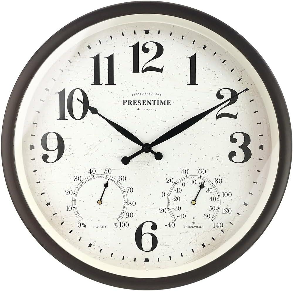 Presentime & Co 16" Farmhouse in/Outdoor Clock, Wall Clock & Weather Station, Weather Thermometer, Wall Décor and Timepiece for Farmhouse Decoration, Oil Rubbed Bronze Finish