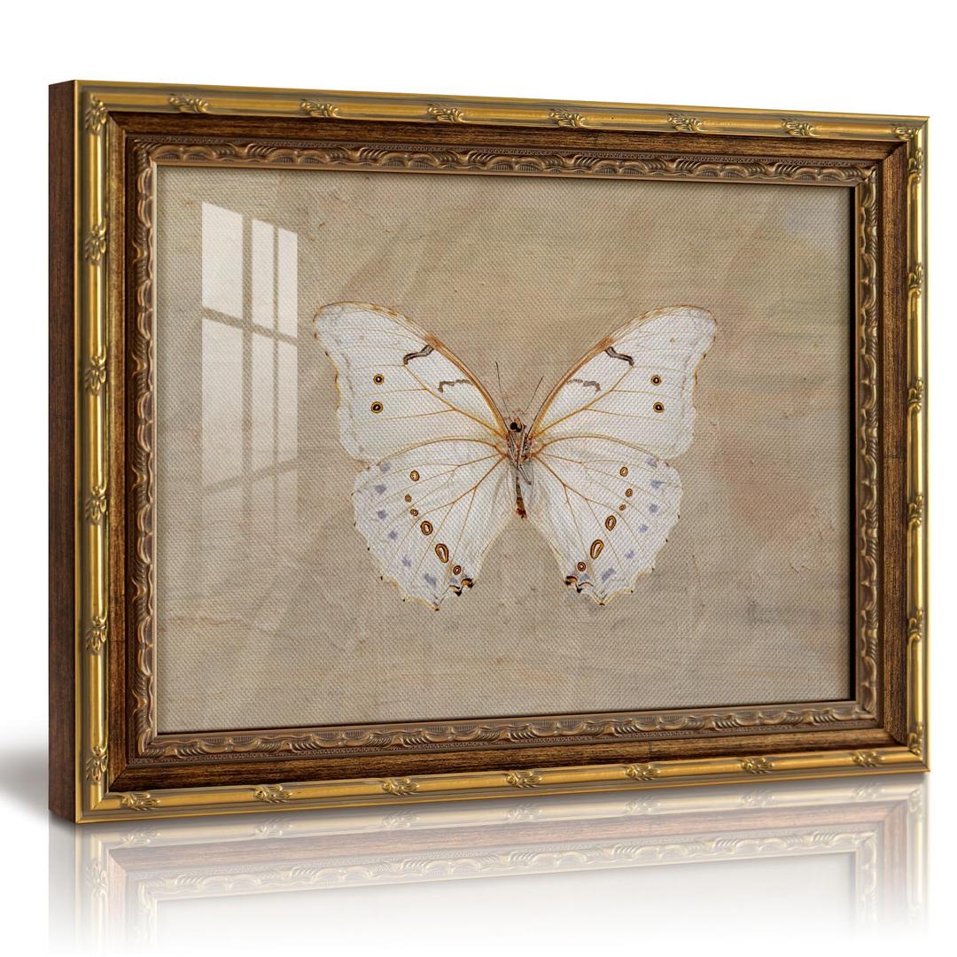 VIYYIEA 13x16 Inch Glass Gold Framed Wall Art, Vintage White Butterfly Wall Decor, Minimalist Butterfly Canvas Painting, Home Decor for Living Room Bedroom and Office