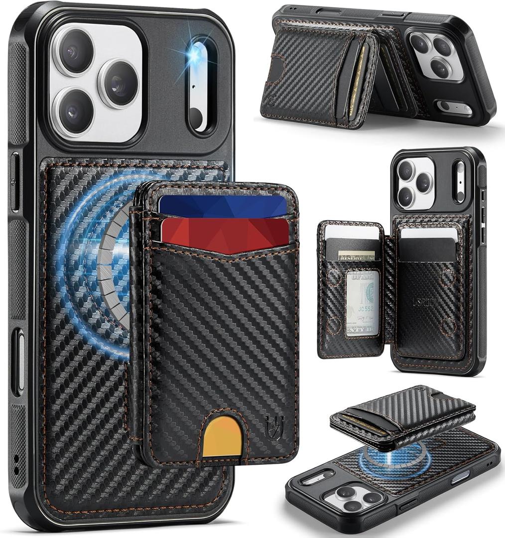 for iPhone 17 Pro Max Wallet Case Compatible with Magsafe, Magnetic RFID Blocking Card Holder Kickstand 2 in 1 Detachable Case for iPhone 17 Pro Max 6.9", Carbon Black