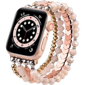 MOFREE Beaded Band for Women Compatible with Apple Watch 38mm 40mm 41mm 42mm, Fashion Crystal Elastic Straps Wristbands for iWatch Bands Series 11/10/9/8/7/SE/6/5/4/3/2/1 (Rose Gold/Pink)