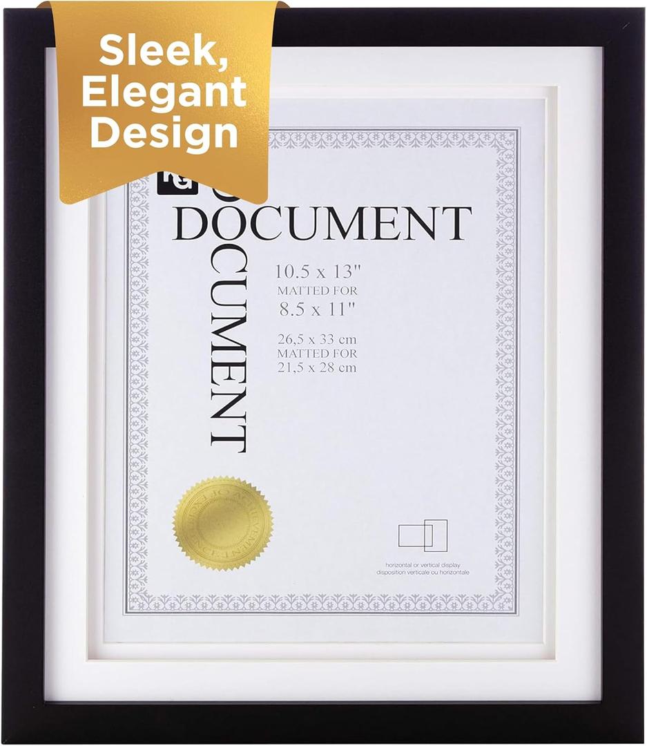 Kiera Grace Morgan Document Frame, Wooden Double-Matted Picture Frame for an 8.5" x 11" Document, Ideal for Wall Hanging and Showcasing Your Achievements, Black, Single