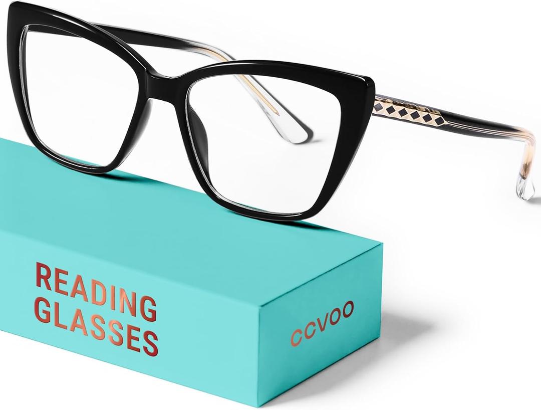 CCVOO Trendy Reading Glasses for Women, Oversized Blue Light Readers, Cheaters Eyeglasses, Stylish Square Cat Eye Glasses (Black)