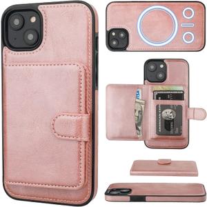 Bocasal Wallet Case for iPhone 14 Plus Compatible with MagSafe Magnetic RFID Blocking Detachable Premium PU Leather Flip Case with Card Slots Holder Kickstand Wireless Charging 6.7 Inch (Rose Gold)