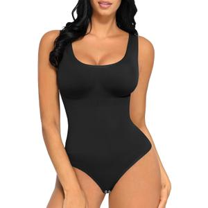 FeelinGirl Womens Shapewear Tummy Control Thong Bodysuit Compression Slimming Body Suits Seamless Sculpting Body Shaper (Medium-Large, Black)