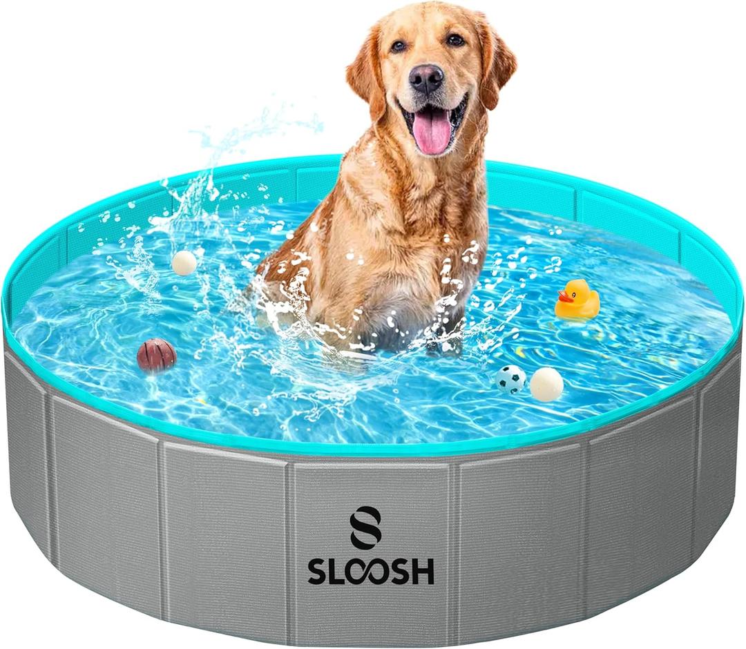 Sloosh Foldable Dog Kiddie Pool - Portable Hard Plastic Doggie Swimming Pool, Anti-Slip Collapsible Pets Bath Tub Suitable for Kids Indoor Outdoor Backyard Use (32" x 8", Grey) (Gray)