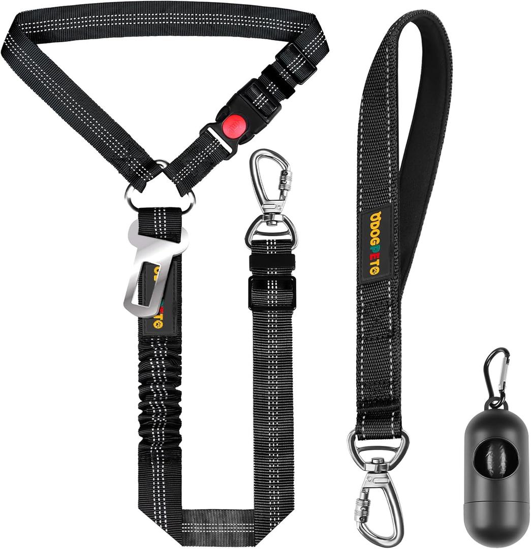 Dog Seat Belt Harness for Car, Dog Car Leash with Car Headrest & Buckle, Reflective Short Dog Leash, Pet 12 Inch Heavy Duty Leash for Dogs with Padded Handle & Locking Carabiner Clip, Black 