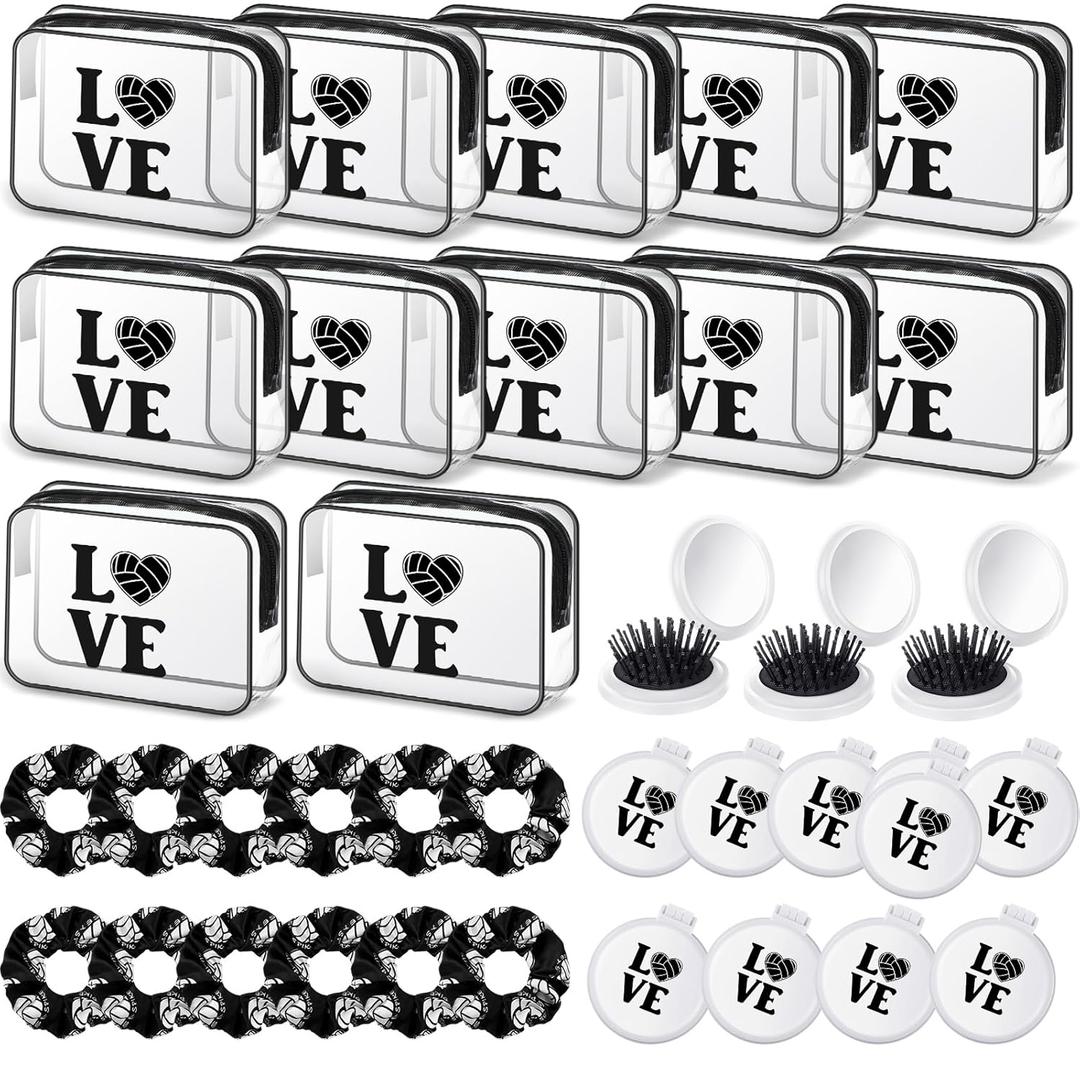 Yungyan 36 Pcs Volleyball Gifts 12 Volleyball Makeup Bag for Women Party Favors Team Gifts with 12 Sport Hair Scrunchies 12 Round Portable Folding Brush