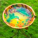 DREAMSOUL 20" Dia Large Bird Bath Stand, Bird Bath for Outside with Detachable Basin, Metal Birdbath with Colorful Hummingbird Pattern Garden Decor