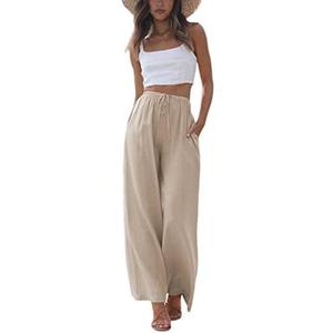 Faleave Women's Cotton Linen Summer Palazzo Pants Flowy Wide Leg Beach Trousers with Pockets, S
