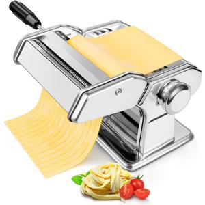 Pasta Maker Machine - Stainless Steel Manual Pasta Roller & Cutter with 7 Thickness Settings for Homemade Spaghetti, Fettuccine, Ravioli - Includes Detachable Heads, Crank Handle & Table Clamp
