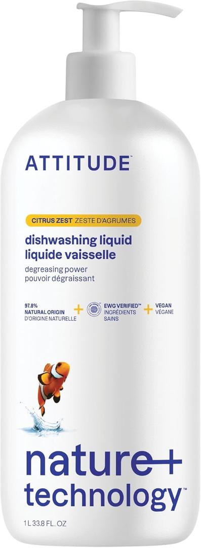ATTITUDE Dish Soap, EWG Verified, Plant-Based & Vegan Dishwashing Liquid, Naturally Derived, Citrus Zest Scent, 33.8 Fl Oz