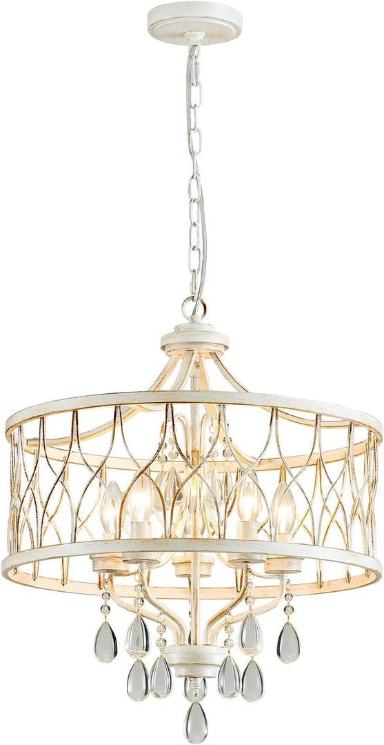 Modern Crystal Chandelier, 5-Light Farmhouse White Chandelier for Dining Room Vintage Hanging Pendant Light Fixtures Round Chandelier for Kitchen Island Entryway Foyer Bedroom Office Bar
