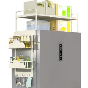 Adjustable Over The Fridge Organizer Side Magnetic Spice Rack,12.4"-23.62" Expandable Top Shelf with Hook & Magnetic Dual Fixed Spice Rack, Fits Most Large Kitchen Laundry Appliances,Beige