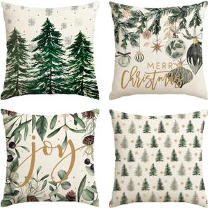 AVOIN colorlife Merry Christmas Trees Snowflake Throw Pillow Covers, 20 x 20 Inch Joy Xmas Balls Winter Holiday Cushion Case Decoration for Sofa Couch Set of 4 (Green)