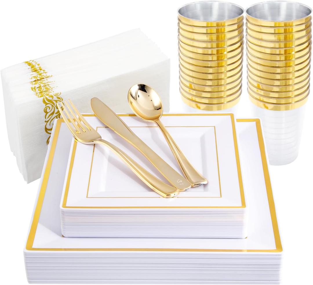 I00000 175PCS Gold Plastic Dinnerware Set, Includes 25 Dinner & Salad Plates, 25 Gold Silverware Sets, 25 Tumblers, 25 Guest Towels for Wedding