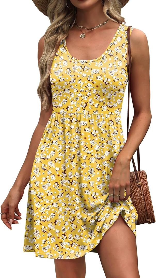 WIHOLL Women's Summer Dress 2025 A-Line Sleeveless Casual Sundress with Pockets Floral/Solid (02-yellow White)